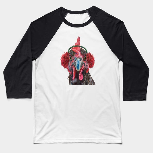 Grey, holiday chicken with earmuffs Baseball T-Shirt by jenesaiscluck